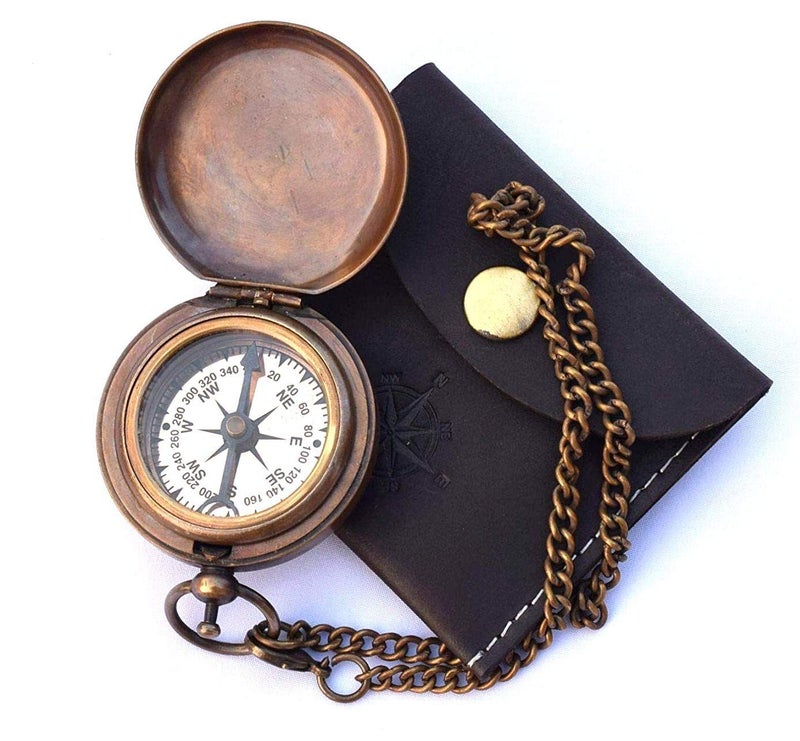 THOR INSTRUMENTS Handmade Nautical Brass Push Open Compass On Chain with Leather Case, Pocket Compass, Gift Compass Rustic Vintage Home Decor Gifts - Image 1